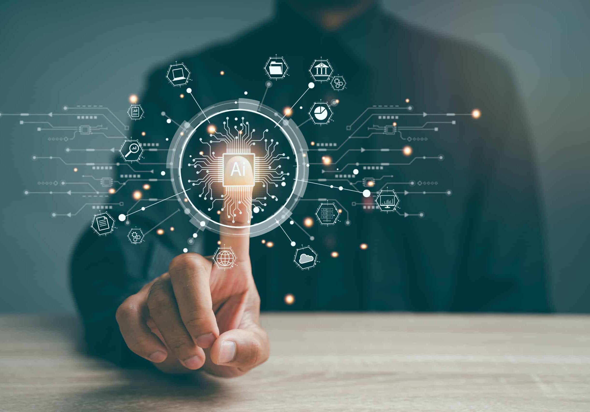 Ai technology, Artificial Intelligence. man using technology smart robot AI, artificial intelligence by enter command prompt for generates something, Futuristic technology transformation. Chat with AI
